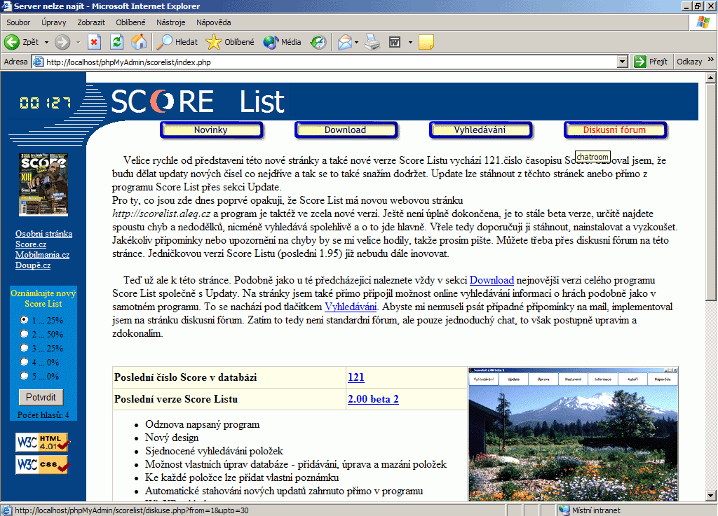 náhled webové stránky programu Scorelist